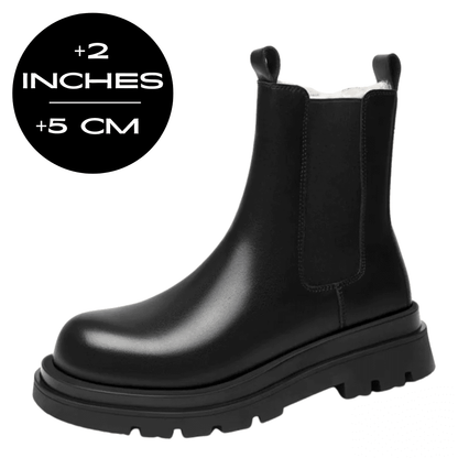 FORCIANO SENTINEL black elevator Chelsea boot in side view with a 5 cm / 2 inches height increase graphic.
