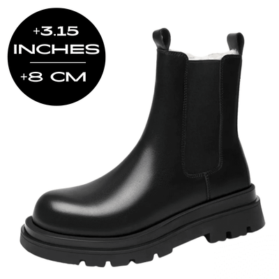 FORCIANO SENTINEL black elevator Chelsea boot product view with an 8 cm / 3.15 inches height increase graphic and visible elastic side panel.