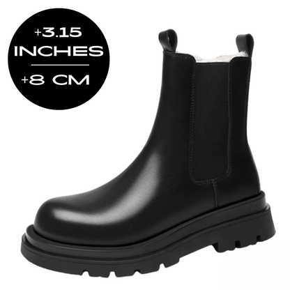 FORCIANO SENTINEL black elevator Chelsea boot product view with an 8 cm / 3.15 inches height increase graphic and visible elastic side panel.