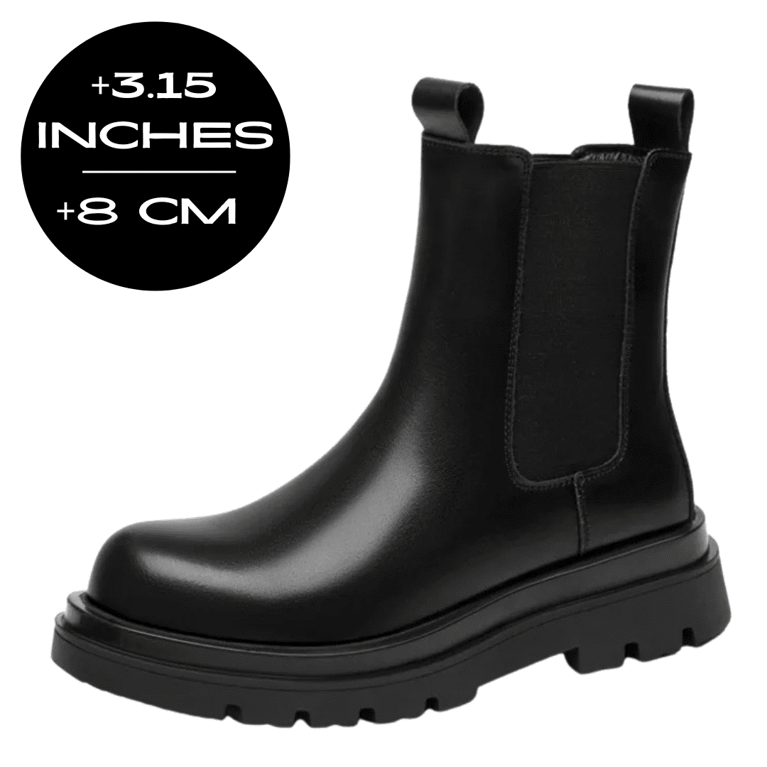 FORCIANO SENTINEL black elevator Chelsea boot shown from the side with an 8 cm / 3.15 inches height increase graphic.