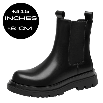 FORCIANO SENTINEL black elevator Chelsea boot shown from the side with an 8 cm / 3.15 inches height increase graphic.