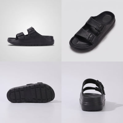 FORCIANO SERENA black platform sandals for women in a multi-view collage showing side profile, front angle, outsole and rear views.