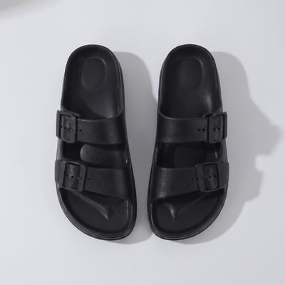 FORCIANO SERENA black platform sandals for women shown as a pair from above with double buckle straps and contoured premium EVA footbeds.