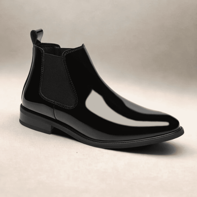 FORCIANO SILVAN black Chelsea Height Increasing Boots in side profile, showing the glossy finish, elastic side panel and rear pull tab.