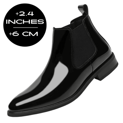 FORCIANO SILVAN black height increasing boot in side view with a 6 cm / 2.4 inches height increase graphic.