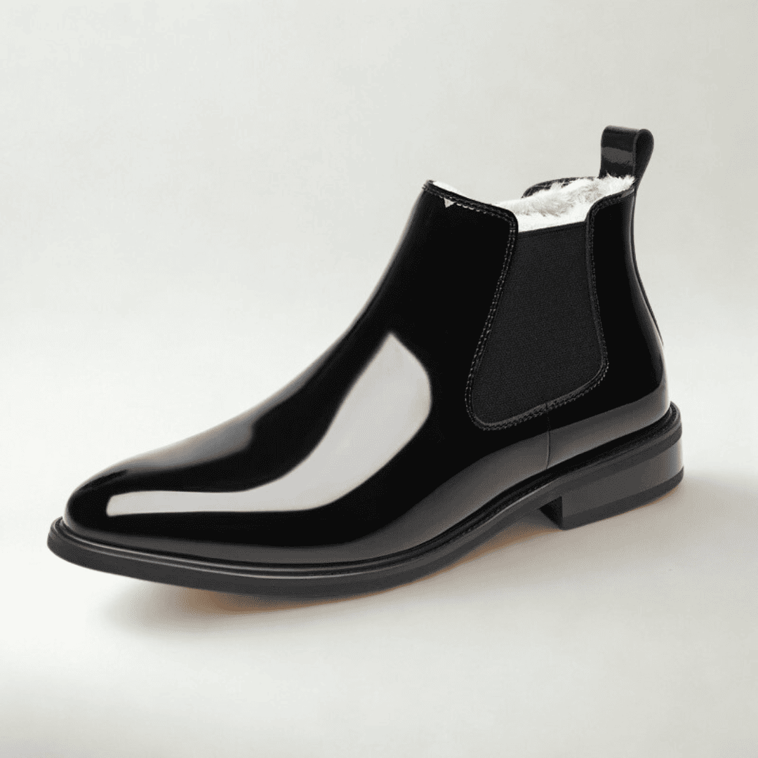 FORCIANO SILVAN black wool-cushioned Chelsea Height Increasing Boots in side profile with the light-colored lining visible around the opening.