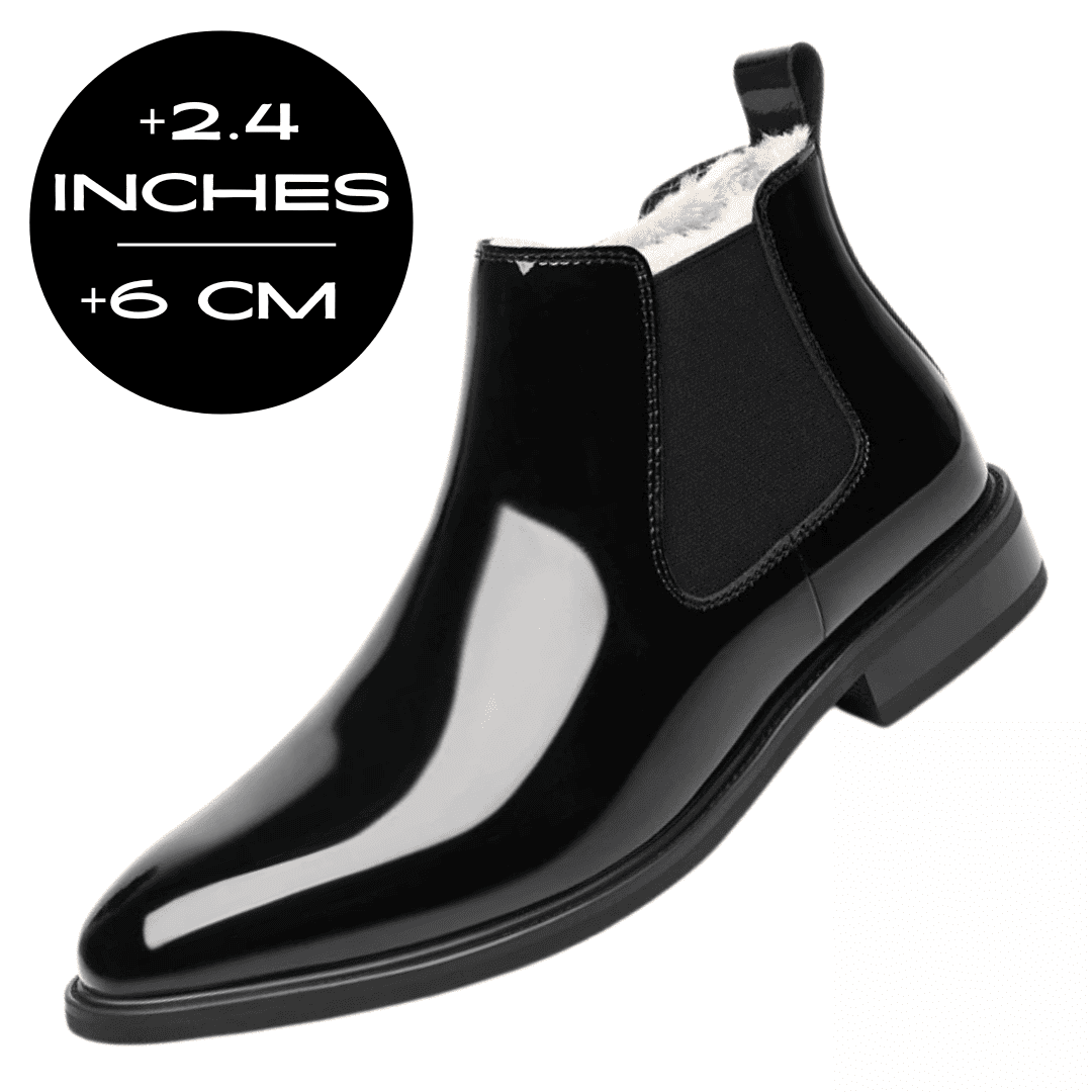 FORCIANO SILVAN black wool-cushioned Height Increasing Boots in side view with visible lining and a 6 cm / 2.4 inches height increase graphic.