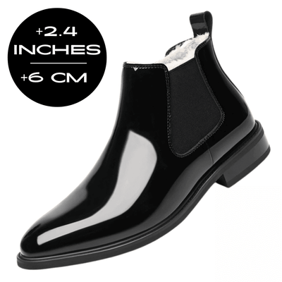 FORCIANO SILVAN black wool-cushioned Height Increasing Boots in side view with visible lining and a 6 cm / 2.4 inches height increase graphic.
