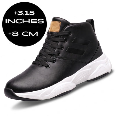 FORCIANO SONIC Height Boosting Sneakers in black with leather upper, shown with the 8 cm / 3.15" height increase graphic.