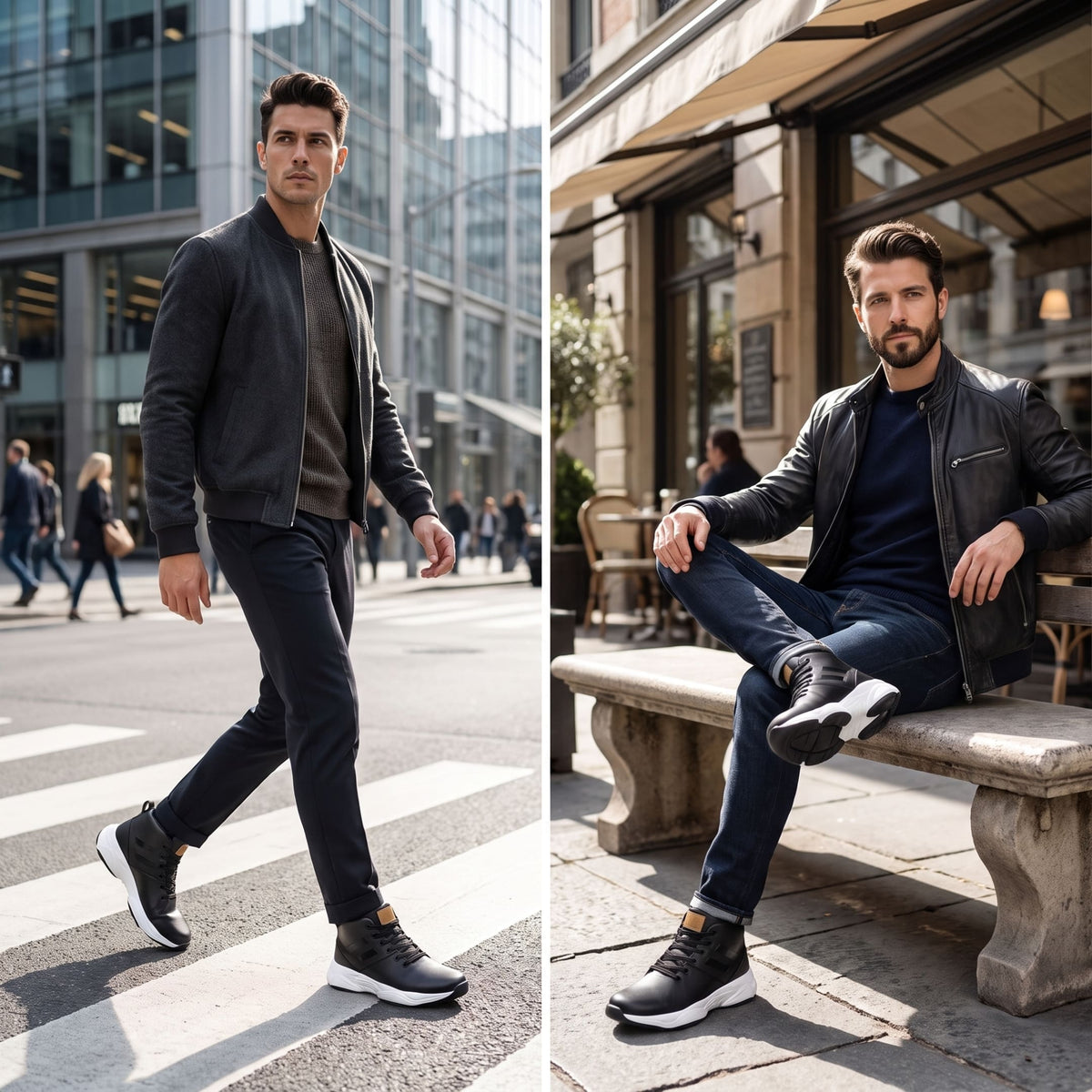 FORCIANO SONIC Height Boosting Sneakers in black with leather upper, worn by male models in outdoor lifestyle scenes.
