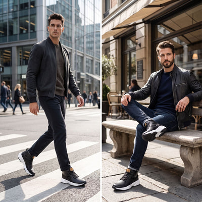 FORCIANO SONIC Height Boosting Sneakers in black with leather upper, worn by male models in outdoor lifestyle scenes.