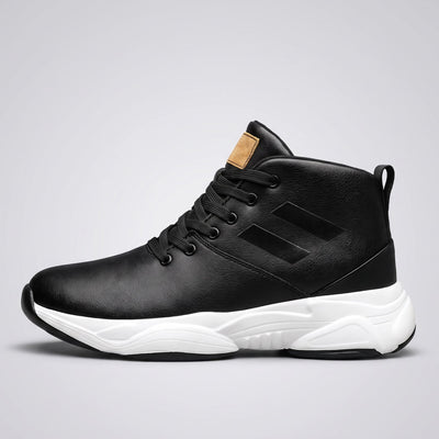 FORCIANO SONIC Height Boosting Sneakers in black with leather upper and contrasting white sole, shown in side profile.