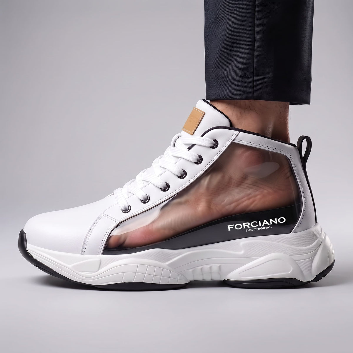 FORCIANO SONIC Height Boosting Sneakers in white with leather upper, shown as a cutaway side view with a foot positioned over the internal lift.