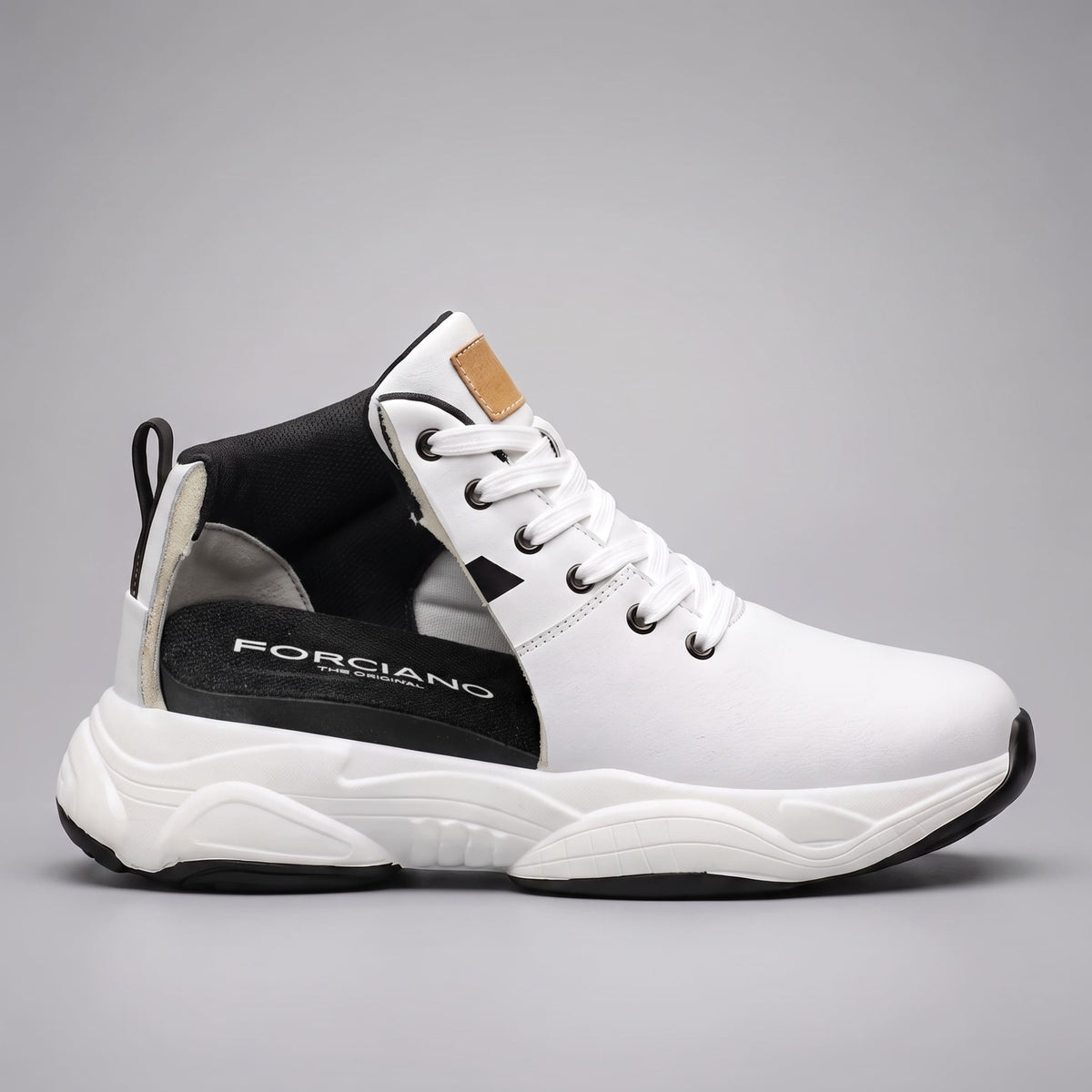 FORCIANO SONIC Height Boosting Sneakers in white with leather upper, shown in side profile with the internal lift construction exposed.