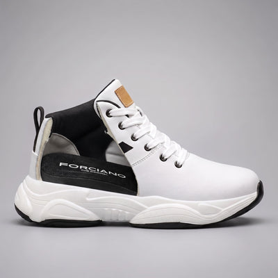 FORCIANO SONIC Height Boosting Sneakers in white with leather upper, shown in side profile with the internal lift construction exposed.