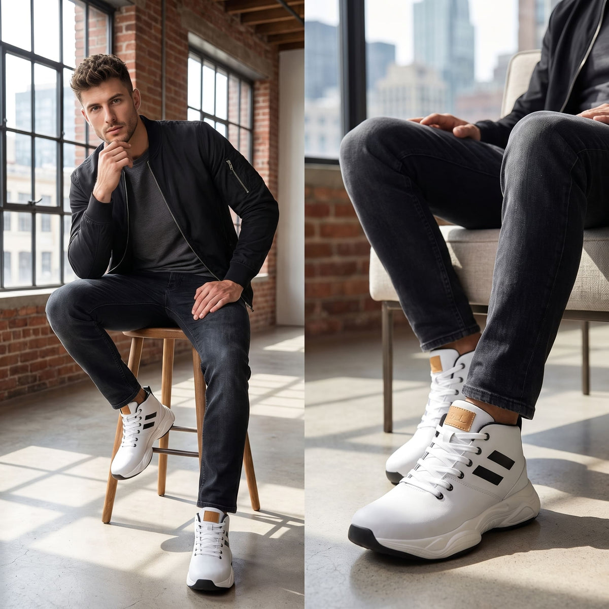 FORCIANO SONIC Height Boosting Sneakers in white with leather upper, worn by a seated male model in an indoor lifestyle setting.