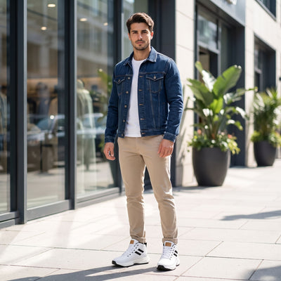 FORCIANO SONIC Height Boosting Sneakers in white with leather upper, worn by a standing male model in an outdoor lifestyle setting.
