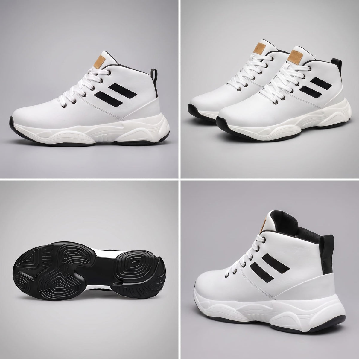 FORCIANO SONIC Height Boosting Sneakers in white with leather upper, shown in a multi-view collage including side, pair, outsole and rear angles.