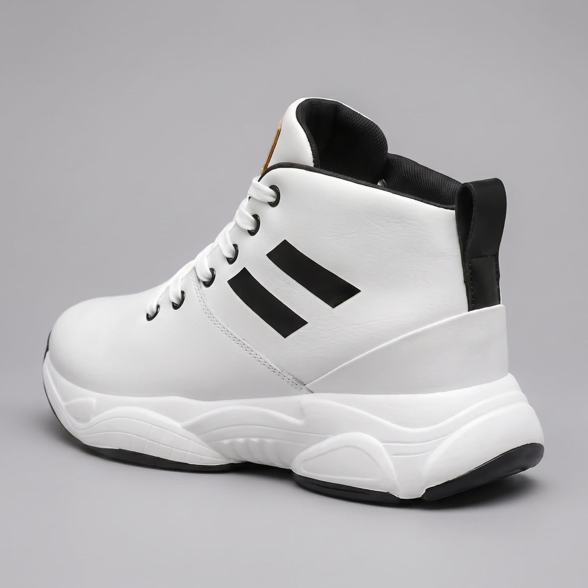 FORCIANO SONIC Height Boosting Sneakers in white with leather upper, shown from the rear three-quarter angle.