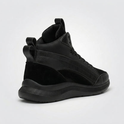 FORCIANO STRIDE black elevator sneakers shown from a rear three-quarter view with high-top construction visible.