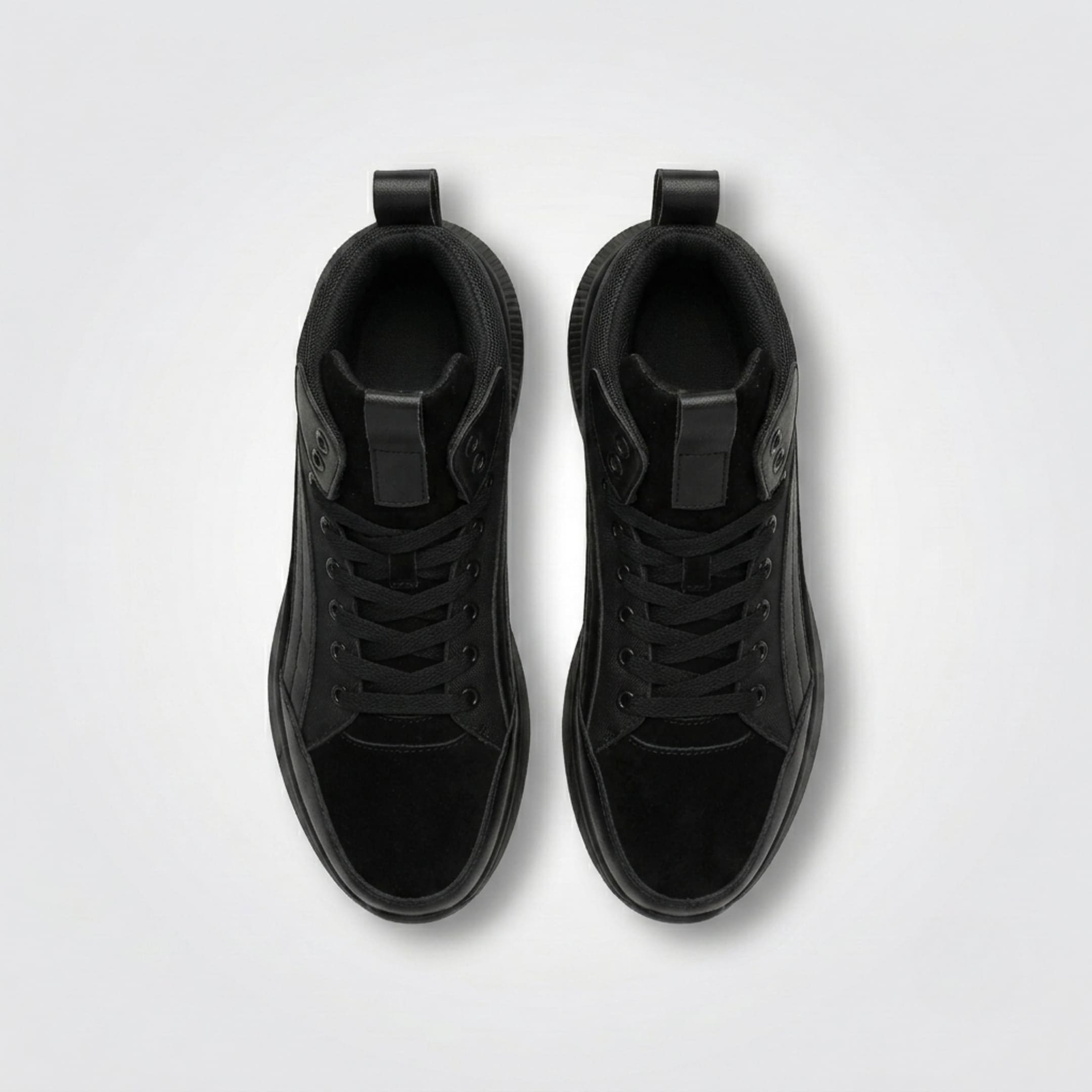 FORCIANO STRIDE black elevator sneakers shown as a pair from the top with lace-up high-top design visible.