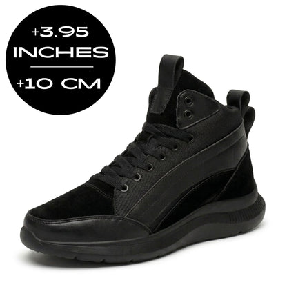 FORCIANO STRIDE black height increasing sneakers with up to 10 cm / 3.95" height increase shown at an angled view.