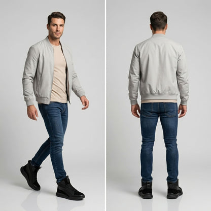FORCIANO STRIDE black height increasing sneakers worn with jeans in front and rear lifestyle views.