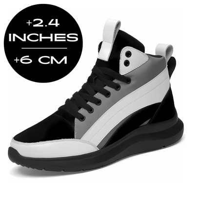 FORCIANO STRIDE grey, white and black elevator sneakers with up to 6 cm / 2.4" height increase shown at an angled view.