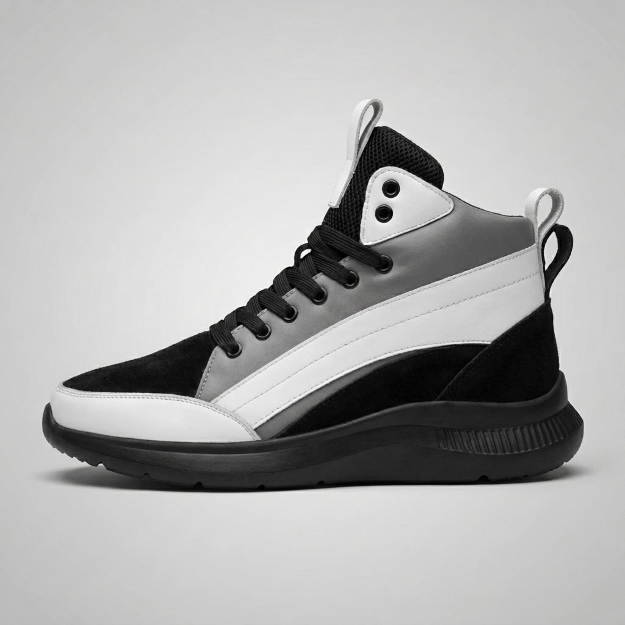 FORCIANO STRIDE grey, white and black elevator sneakers with breathable leather shown in a full side profile.