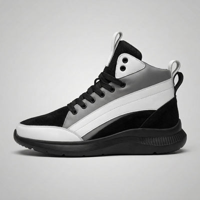 FORCIANO STRIDE grey, white and black elevator sneakers with breathable leather shown in a full side profile.