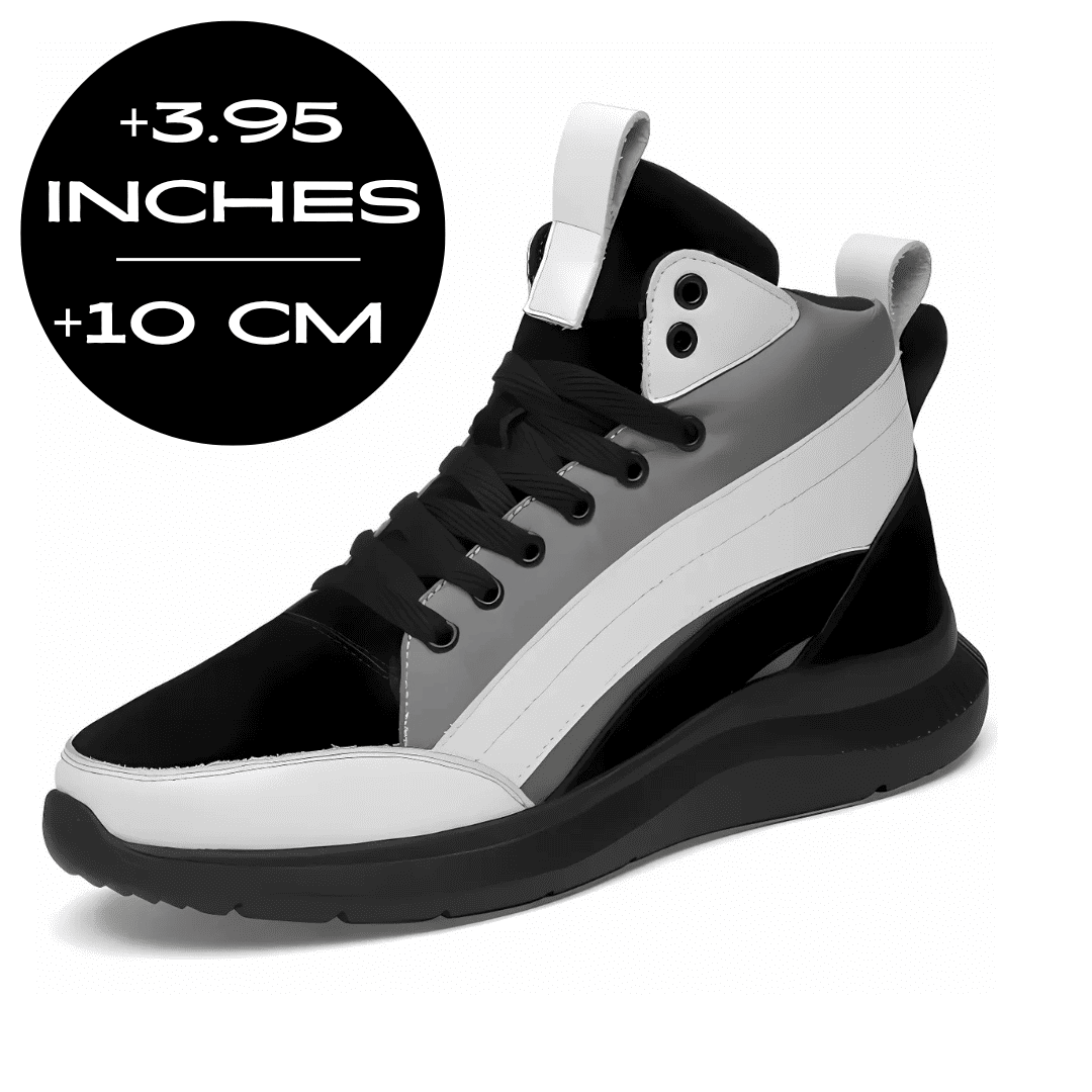 FORCIANO STRIDE grey, white and black height increasing sneakers with up to 10 cm / 3.95" height increase shown at an angled view.