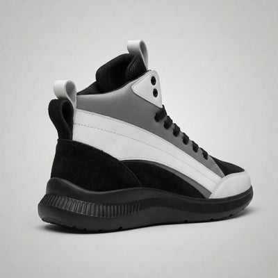 FORCIANO STRIDE grey, white and black height increasing sneakers shown from a rear three-quarter view.