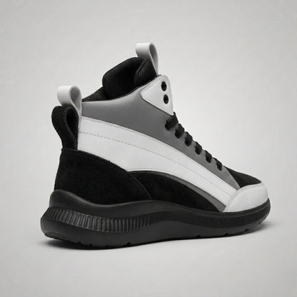 FORCIANO STRIDE grey, white and black height increasing sneakers shown from a rear three-quarter view.