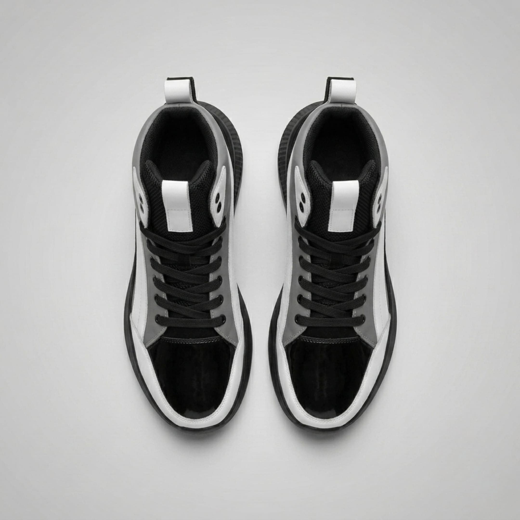 FORCIANO STRIDE grey, white and black height increasing sneakers shown as a pair from the top with black laces visible.
