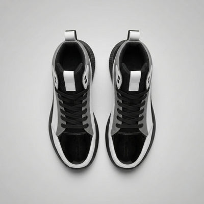 FORCIANO STRIDE grey, white and black height increasing sneakers shown as a pair from the top with black laces visible.