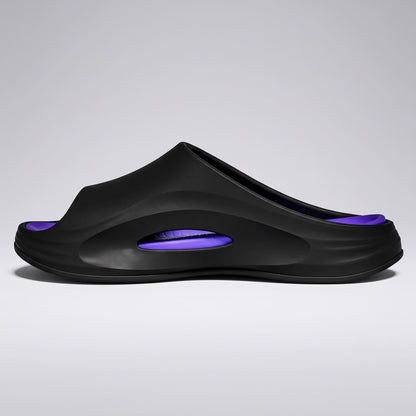 FORCIANO STRIKE Black Purple sandals height increasing shoes in side profile with the purple footbed visible through the side opening.