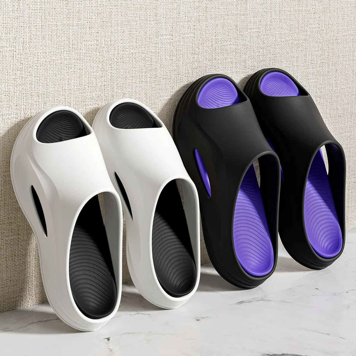 FORCIANO STRIKE sandals height increasing shoes shown in White Black and Black Purple color options, with textured footbeds and cushioned soles visible.