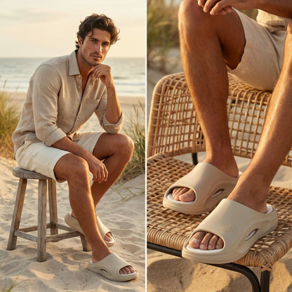 FORCIANO STRIKE khaki height increasing shoes worn by a man in a two-panel beach lifestyle scene, with the open-toe design visible.