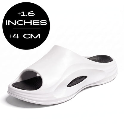 FORCIANO STRIKE White Black sandals height increasing shoes shown from a front three-quarter angle with a 4 cm / 1.6" height graphic.