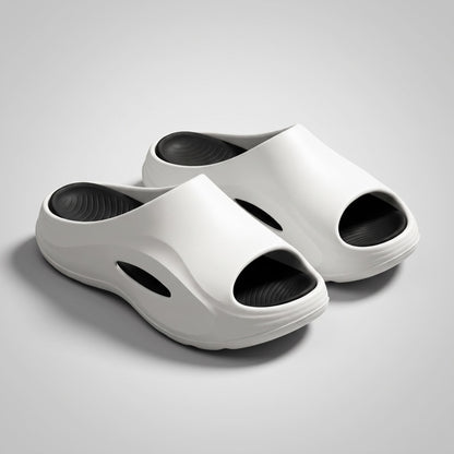 FORCIANO STRIKE White Black sandals height increasing shoes displayed as a pair at a front angle with black footbeds visible.