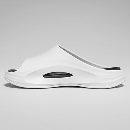 FORCIANO STRIKE White Black sandals height increasing shoes shown from the side with a black footbed and cushioned sole.