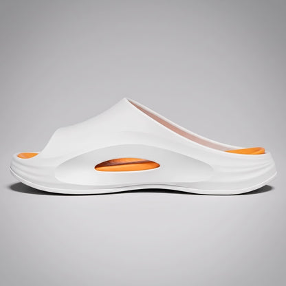 FORCIANO STRIKE White Orange sandals height increasing shoes in side profile with the orange footbed and side opening visible.