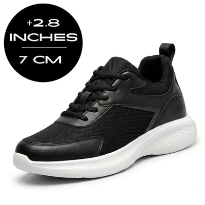 FORCIANO SUTTON black height increasing sneaker with Flyknit mesh upper and visible height graphic showing 7 cm / 2.8 inches for Women.