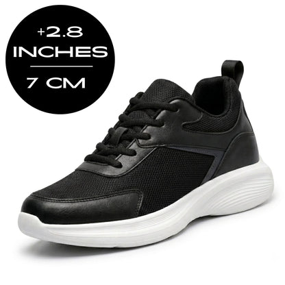 FORCIANO SUTTON black height increasing sneaker with Flyknit mesh upper and visible height graphic showing 7 cm / 2.8 inches for women.