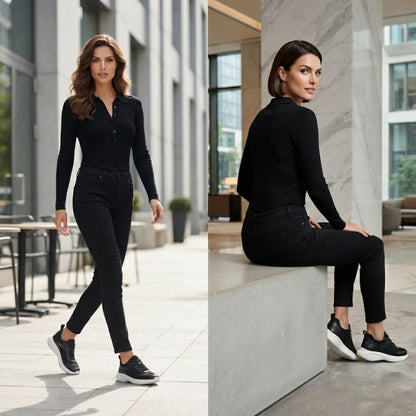 FORCIANO SUTTON black height increasing sneakers worn in walking and seated city lifestyle views with contrasting white soles for women.