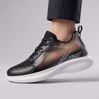 FORCIANO SUTTON black height increasing sneaker for women shown worn on foot in a cutaway-style side view, revealing the internal lift area and white sole.