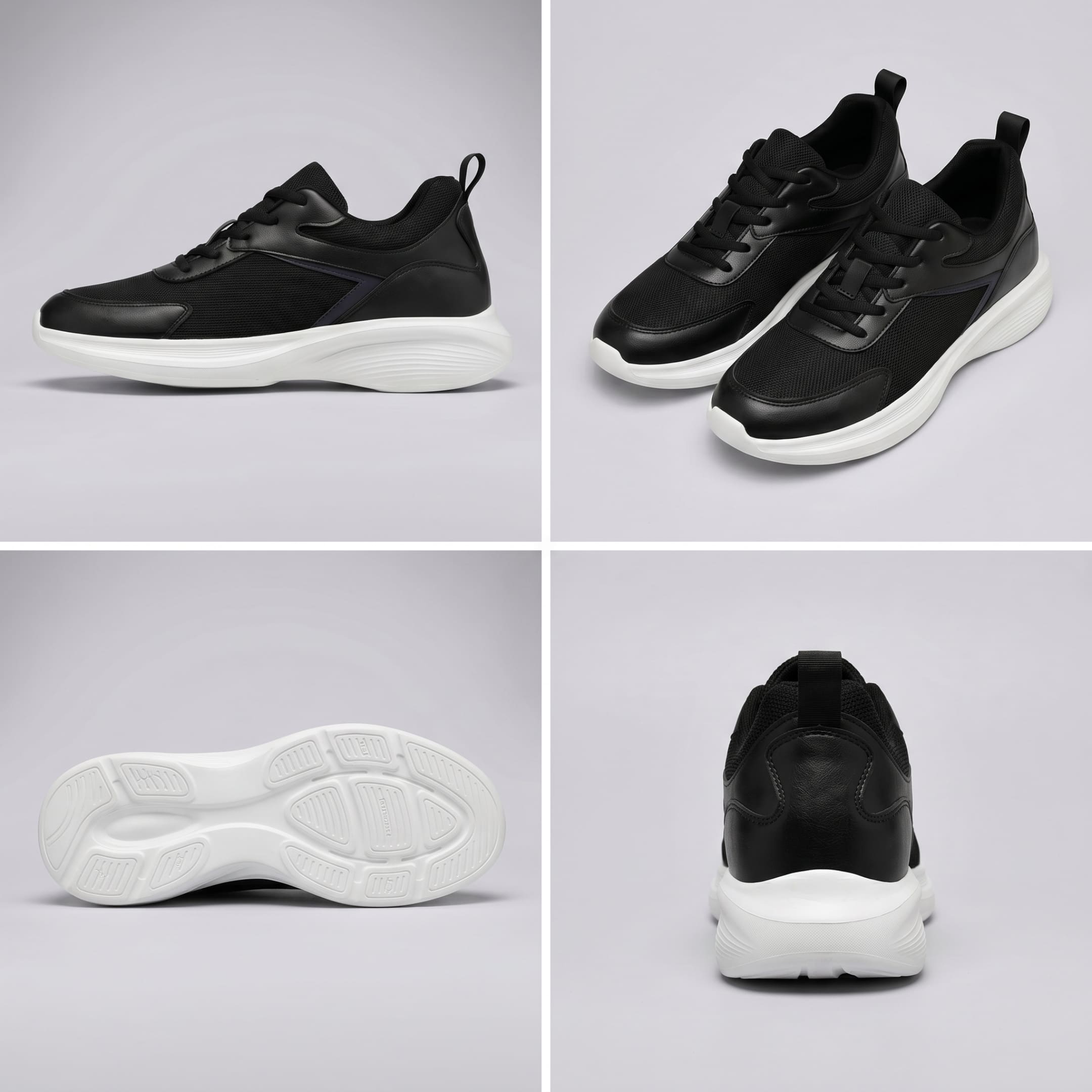 FORCIANO SUTTON black height increasing sneakers for women in a multi-view collage showing side profile, pair angle, outsole and rear views.