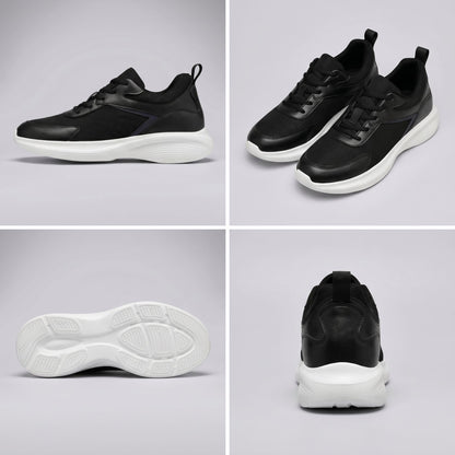 FORCIANO SUTTON black height increasing sneakers for women in a multi-view collage showing side profile, pair angle, outsole and rear views.