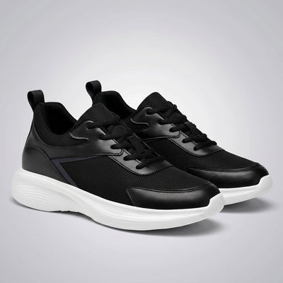 FORCIANO SUTTON black height increasing sneakers for Women shown as a pair from the front three-quarter angle with Flyknit mesh uppers and white soles.
