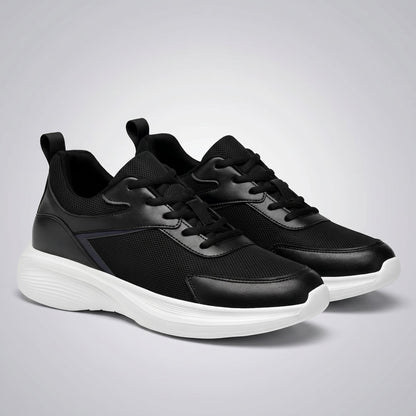 FORCIANO SUTTON black height increasing sneakers for women shown as a pair from the front three-quarter angle with Flyknit mesh uppers and white soles.